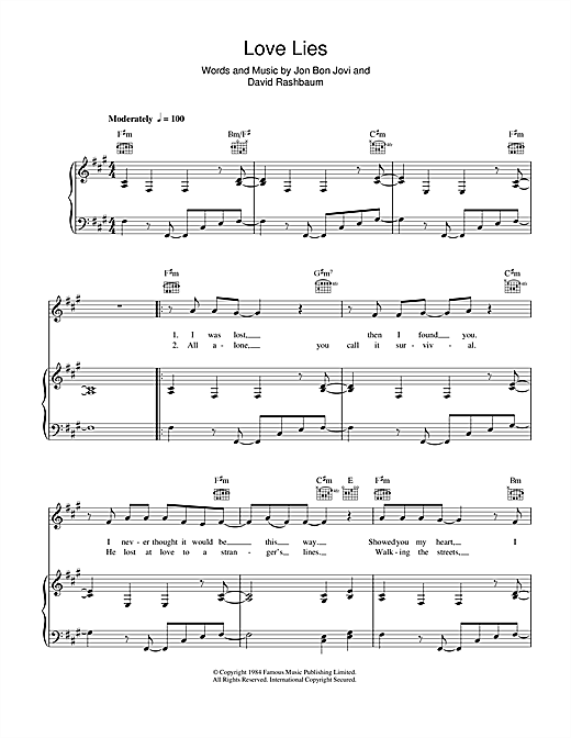 Preview Bon Jovi Love Lies Rock sheet music, notes and chords for Piano, Vocal & Guitar, SKU: 47644 sheet music, piano notes, chords, guitar tabs, score, transpose, transcribe, how to play, guide, download, learn, tutorial, progression, song, artist, awards, billboard, mtv, vh1, tour, single, album, release