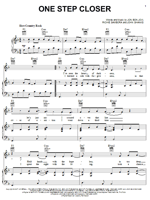 Preview Bon Jovi One Step Closer Rock sheet music, notes and chords for Piano, Vocal & Guitar (Right-Hand Melody), SKU: 62465 Download Bon Jovi One Step Closer sheet music and printable PDF score & Rock music notes
