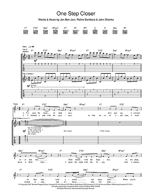 Preview Bon Jovi One Step Closer Rock sheet music, notes and chords for Piano, Vocal & Guitar (Right-Hand Melody), SKU: 62465 sheet music, piano notes, chords, guitar tabs, score, transpose, transcribe, how to play, guide, download, learn, tutorial, progression, song, artist, awards, billboard, mtv, vh1, tour, single, album, release