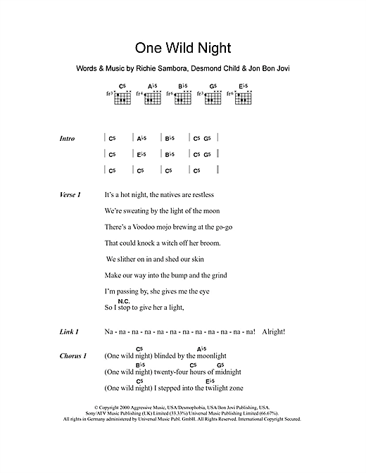 Preview Bon Jovi One Wild Night Rock sheet music, notes and chords for Bass Guitar Tab, SKU: 48301 Download Bon Jovi One Wild Night sheet music and printable PDF score & Rock music notes