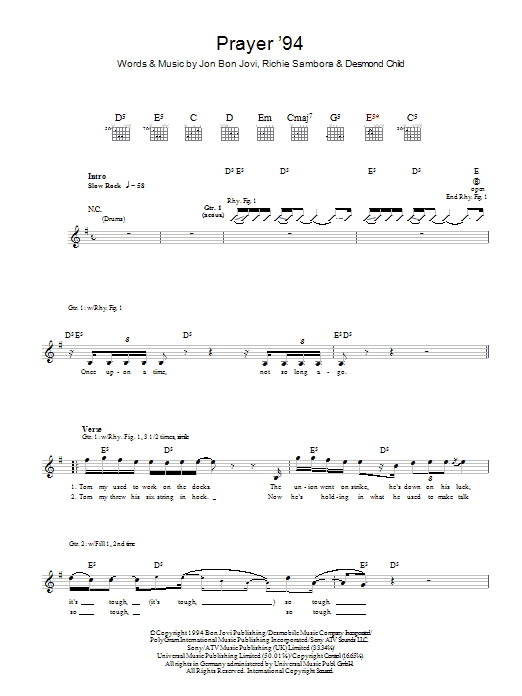 Download Bon Jovi Prayer '94 sheet music and printable PDF score & Rock music notes