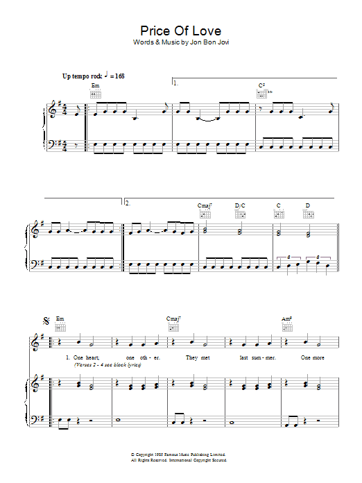 Preview Bon Jovi Price Of Love Rock sheet music, notes and chords for Piano, Vocal & Guitar (Right-Hand Melody), SKU: 48351 Download Bon Jovi Price Of Love sheet music and printable PDF score & Rock music notes
