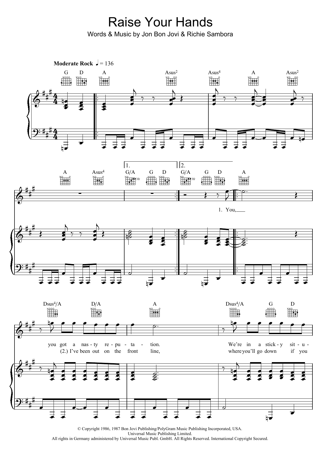 Download Bon Jovi Raise Your Hands sheet music and printable PDF score & Rock music notes
