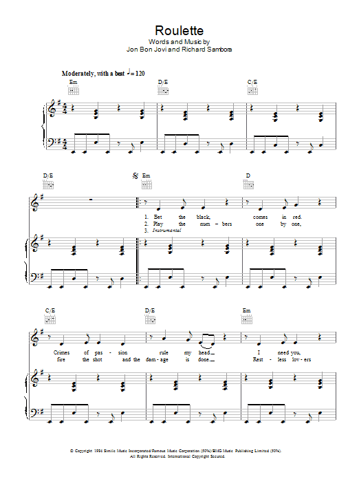 Preview Bon Jovi Roulette Rock sheet music, notes and chords for Piano, Vocal & Guitar (Right-Hand Melody), SKU: 48381 Download Bon Jovi Roulette sheet music and printable PDF score & Rock music notes
