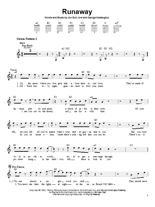 Preview Bon Jovi Runaway Pop sheet music, notes and chords for Piano, Vocal & Guitar (Right-Hand Melody), SKU: 24956 Download Bon Jovi Runaway sheet music and printable PDF score & Pop music notes