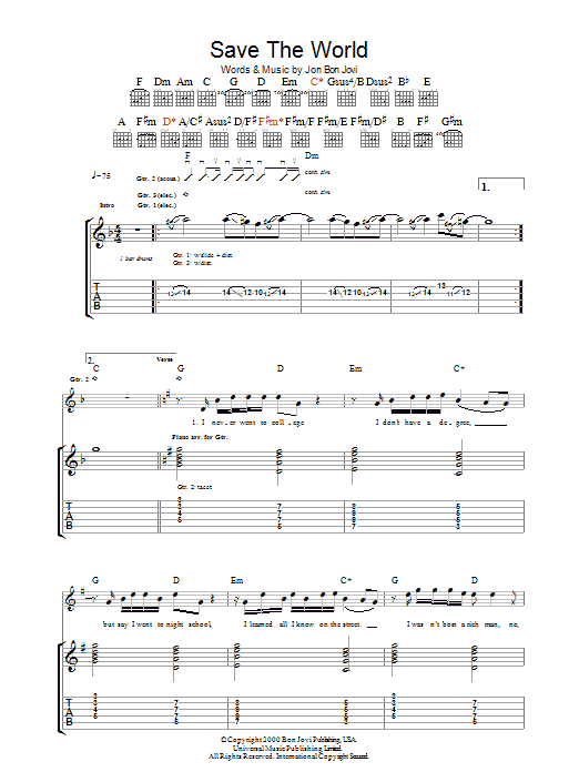 Download Bon Jovi Save The World sheet music and printable PDF score & Rock music notes