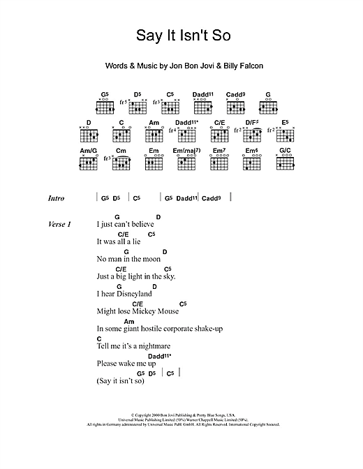 Download Bon Jovi Say It Isn't So sheet music and printable PDF score & Rock music notes