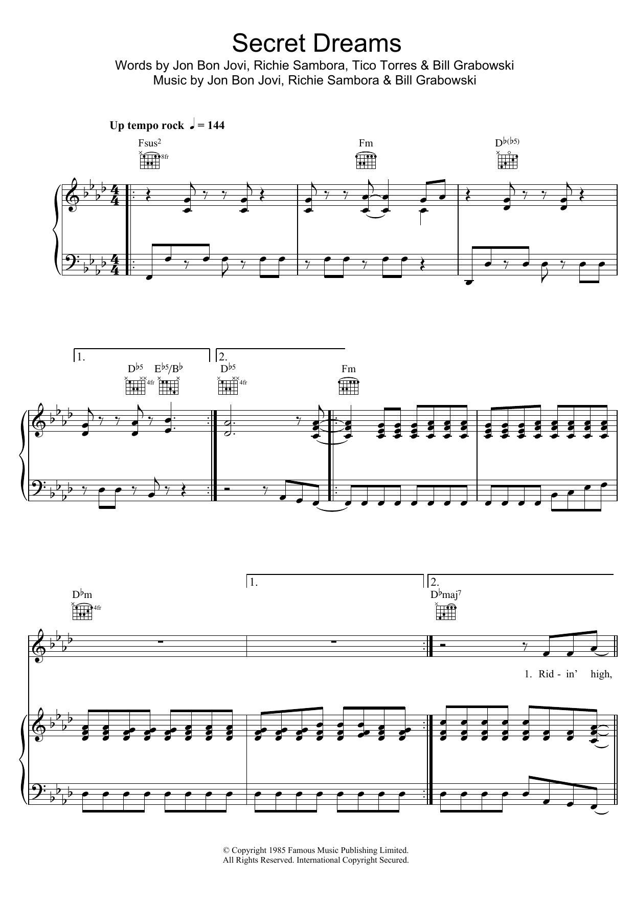 Preview Bon Jovi Secret Dreams Rock sheet music, notes and chords for Piano, Vocal & Guitar (Right-Hand Melody), SKU: 48383 Download Bon Jovi Secret Dreams sheet music and printable PDF score & Rock music notes