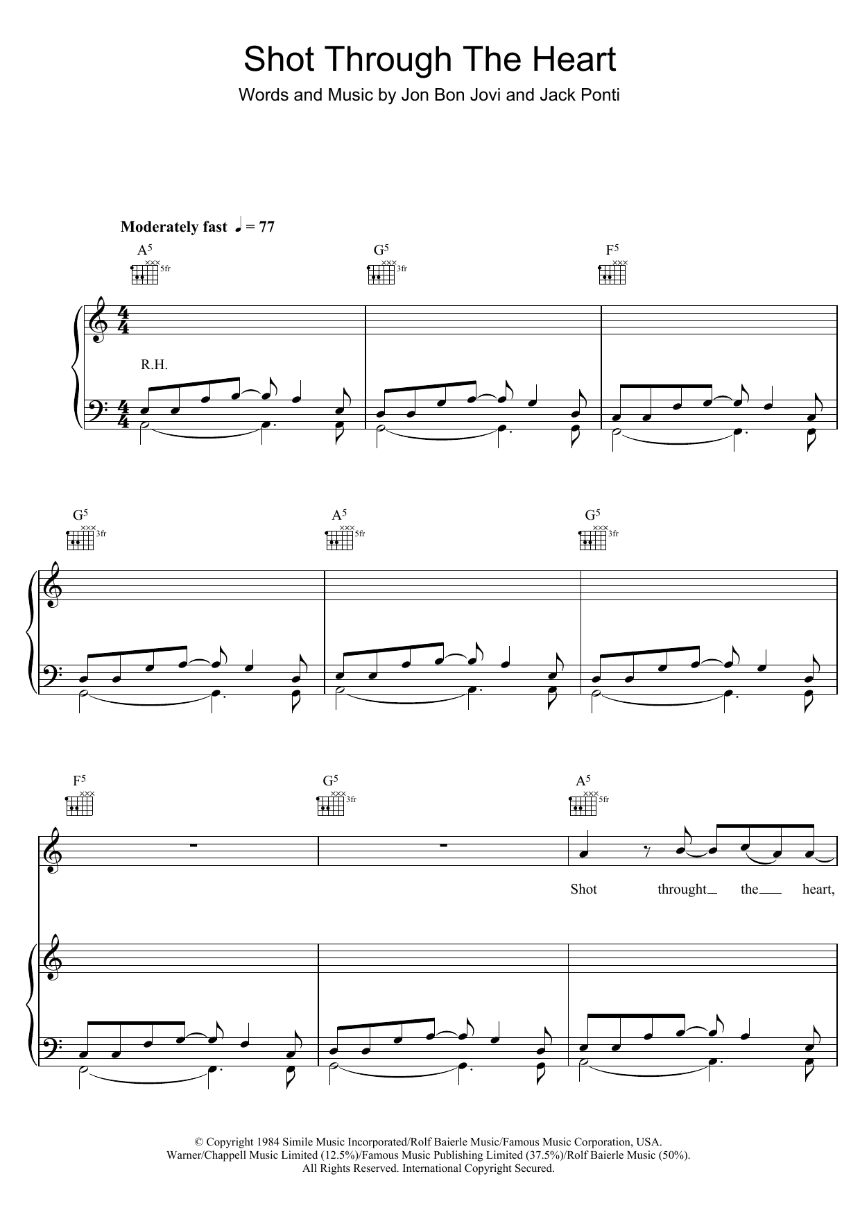 Download Bon Jovi Shot Through The Heart sheet music and printable PDF score & Rock music notes