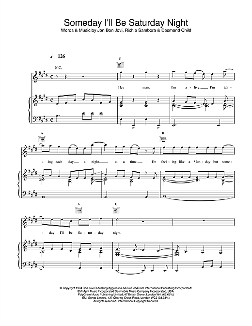 Preview Bon Jovi Someday I'll Be Saturday Night Rock sheet music, notes and chords for Lyrics & Chords, SKU: 107766 sheet music, piano notes, chords, guitar tabs, score, transpose, transcribe, how to play, guide, download, learn, tutorial, progression, song, artist, awards, billboard, mtv, vh1, tour, single, album, release