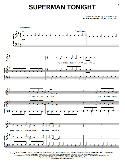 Preview Bon Jovi Superman Tonight Rock sheet music, notes and chords for Piano, Vocal & Guitar (Right-Hand Melody), SKU: 76385 Download Bon Jovi Superman Tonight sheet music and printable PDF score & Rock music notes