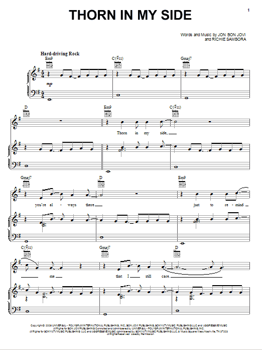 Preview Bon Jovi Thorn In My Side Rock sheet music, notes and chords for Piano, Vocal & Guitar (Right-Hand Melody), SKU: 76386 Download Bon Jovi Thorn In My Side sheet music and printable PDF score & Rock music notes