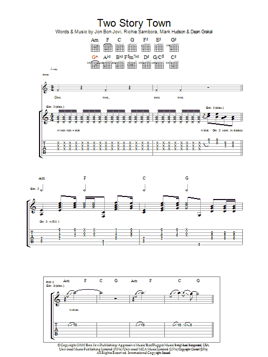 Download Bon Jovi Two Story Town sheet music and printable PDF score & Rock music notes