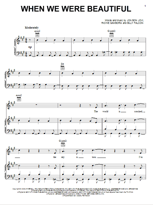 Preview Bon Jovi When We Were Beautiful Rock sheet music, notes and chords for Piano, Vocal & Guitar (Right-Hand Melody), SKU: 76388 Download Bon Jovi When We Were Beautiful sheet music and printable PDF score & Rock music notes