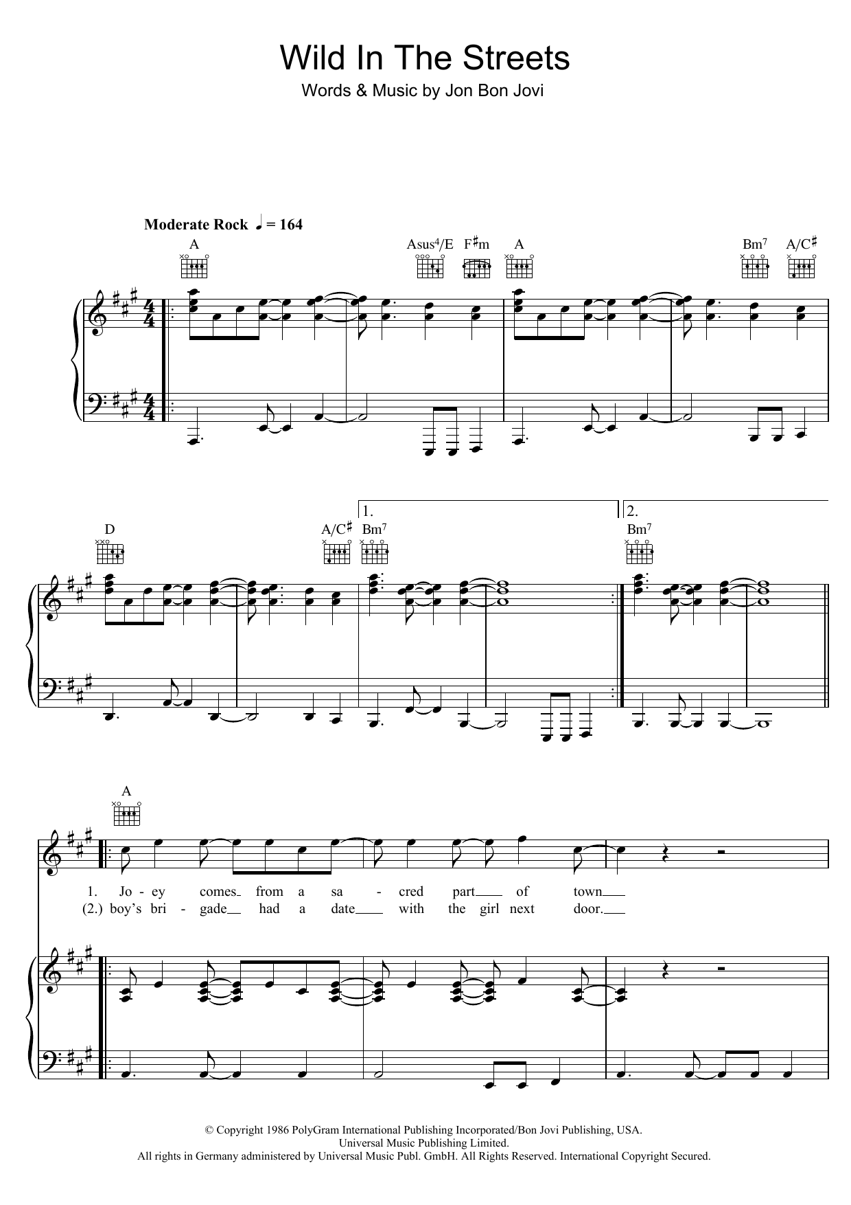 Preview Bon Jovi Wild In The Streets Rock sheet music, notes and chords for Piano, Vocal & Guitar (Right-Hand Melody), SKU: 48486 Download Bon Jovi Wild In The Streets sheet music and printable PDF score & Rock music notes