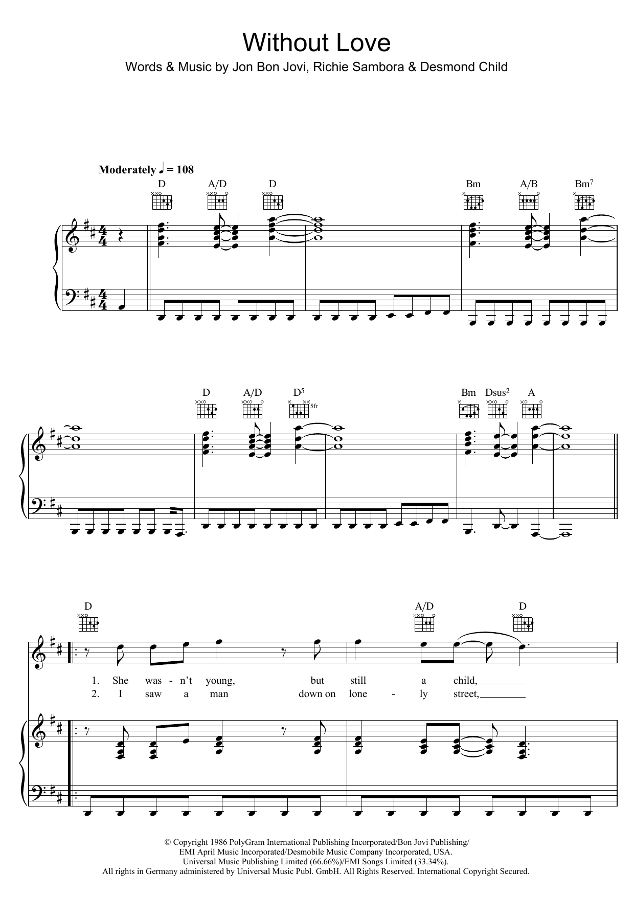 Preview Bon Jovi Without Love Rock sheet music, notes and chords for Piano, Vocal & Guitar (Right-Hand Melody), SKU: 48487 Download Bon Jovi Without Love sheet music and printable PDF score & Rock music notes