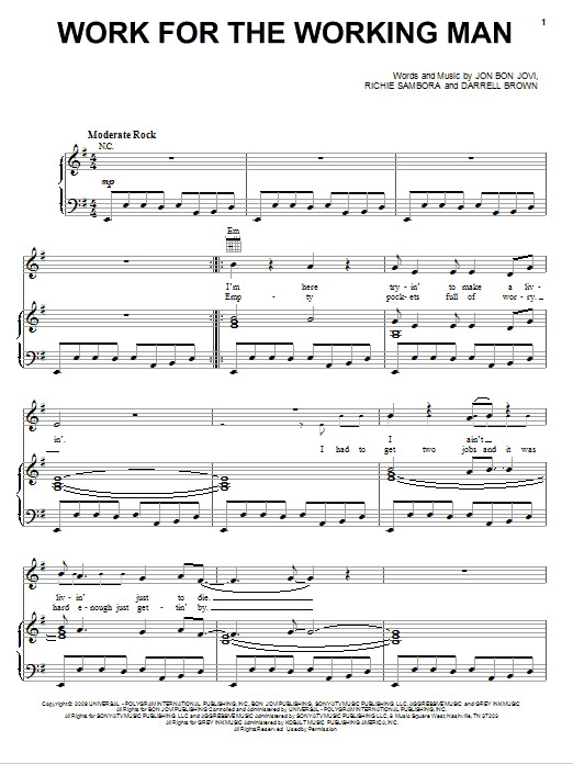 Preview Bon Jovi Work For The Working Man Rock sheet music, notes and chords for Piano, Vocal & Guitar (Right-Hand Melody), SKU: 76403 Download Bon Jovi Work For The Working Man sheet music and printable PDF score & Rock music notes