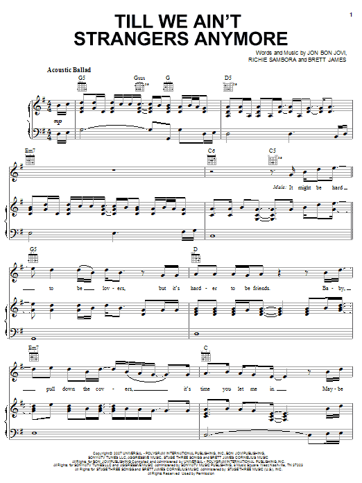 Preview Bon Jovi Till We Ain't Strangers Anymore (feat. LeAnn Rimes) Pop sheet music, notes and chords for Piano, Vocal & Guitar (Right-Hand Melody), SKU: 62462 Download Bon Jovi Till We Ain't Strangers Anymore (feat. LeAnn Rimes) sheet music and printable PDF score & Pop music notes