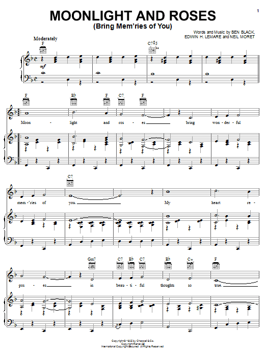 Preview Bonnie Guitar Moonlight And Roses (Bring Mem'ries Of You) Pop sheet music, notes and chords for Piano, Vocal & Guitar (Right-Hand Melody), SKU: 51312 sheet music, piano notes, chords, guitar tabs, score, transpose, transcribe, how to play, guide, download, learn, tutorial, progression, song, artist, awards, billboard, mtv, vh1, tour, single, album, release