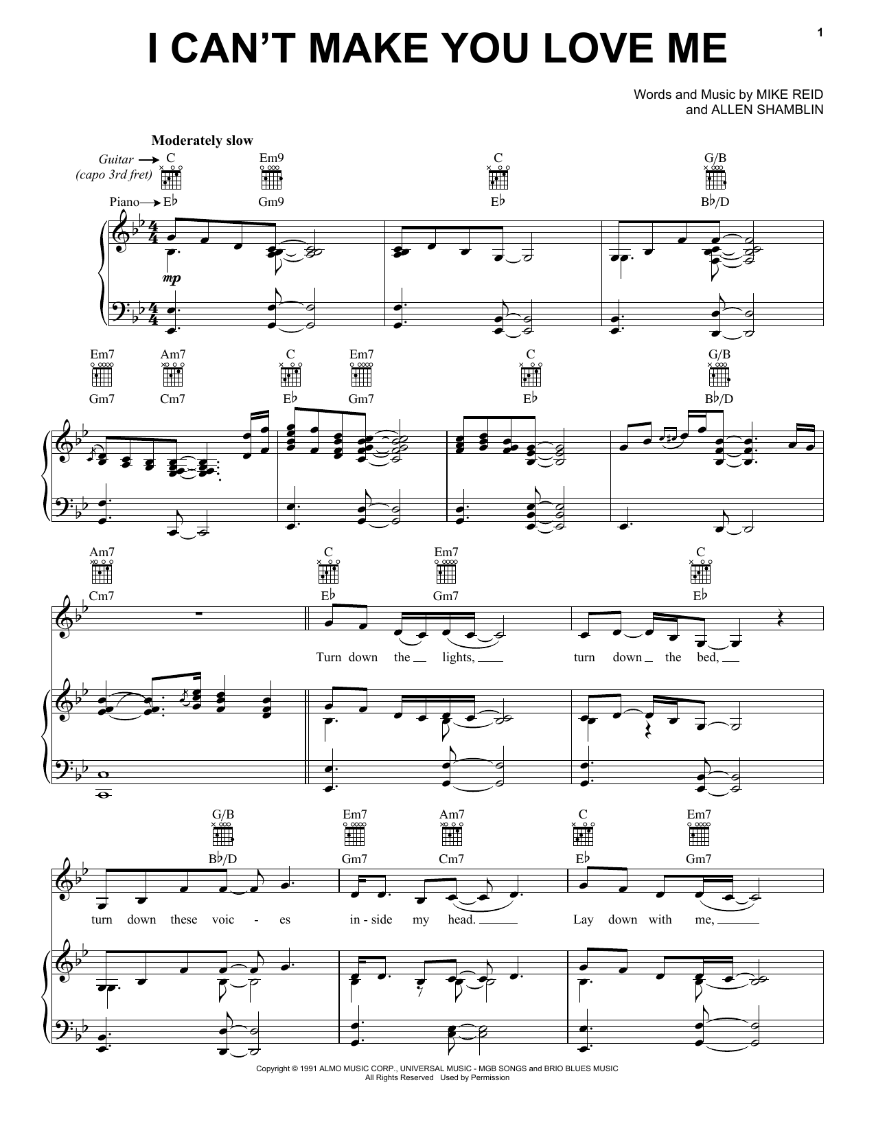 Preview Bonnie Raitt I Can't Make You Love Me Pop sheet music, notes and chords for Piano, Vocal & Guitar (Right-Hand Melody), SKU: 75778 Download Bonnie Raitt I Can't Make You Love Me sheet music and printable PDF score & Pop music notes