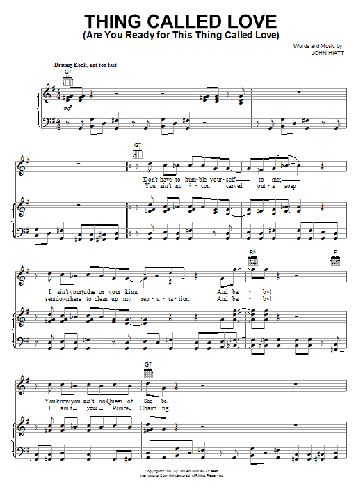 Preview Bonnie Raitt Thing Called Love (Are You Ready For This Thing Called Love) Pop sheet music, notes and chords for Piano, Vocal & Guitar (Right-Hand Melody), SKU: 18166 sheet music, piano notes, chords, guitar tabs, score, transpose, transcribe, how to play, guide, download, learn, tutorial, progression, song, artist, awards, billboard, mtv, vh1, tour, single, album, release