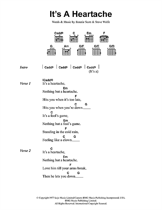Preview Bonnie Tyler It's A Heartache Rock sheet music, notes and chords for Lyrics & Chords, SKU: 48191 sheet music, piano notes, chords, guitar tabs, score, transpose, transcribe, how to play, guide, download, learn, tutorial, progression, song, artist, awards, billboard, mtv, vh1, tour, single, album, release