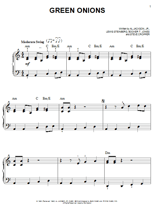 Preview Booker T. and The MGs Green Onions Jazz sheet music, notes and chords for Piano, Vocal & Guitar (Right-Hand Melody), SKU: 13663 sheet music, piano notes, chords, guitar tabs, score, transpose, transcribe, how to play, guide, download, learn, tutorial, progression, song, artist, awards, billboard, mtv, vh1, tour, single, album, release