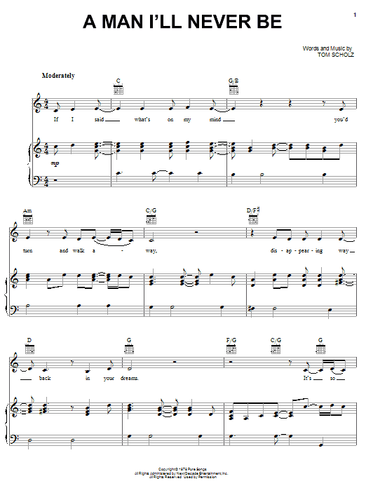 Preview Boston A Man I'll Never Be Rock sheet music, notes and chords for Piano, Vocal & Guitar (Right-Hand Melody), SKU: 63086 sheet music, piano notes, chords, guitar tabs, score, transpose, transcribe, how to play, guide, download, learn, tutorial, progression, song, artist, awards, billboard, mtv, vh1, tour, single, album, release