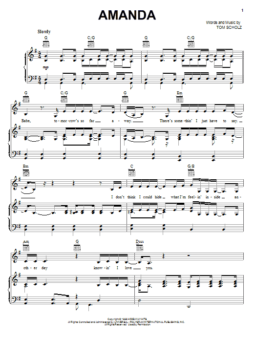 Preview Boston Amanda Rock sheet music, notes and chords for Piano, Vocal & Guitar (Right-Hand Melody), SKU: 63088 Download Boston Amanda sheet music and printable PDF score & Rock music notes