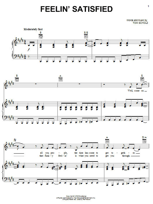 Preview Boston Feelin' Satisfied Rock sheet music, notes and chords for Piano, Vocal & Guitar (Right-Hand Melody), SKU: 63087 sheet music, piano notes, chords, guitar tabs, score, transpose, transcribe, how to play, guide, download, learn, tutorial, progression, song, artist, awards, billboard, mtv, vh1, tour, single, album, release