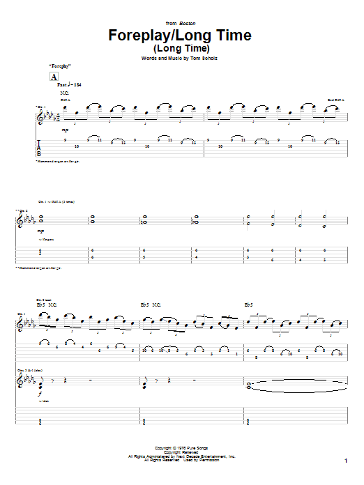 Preview Boston Foreplay/Long Time (Long Time) Rock sheet music, notes and chords for Guitar Tab, SKU: 62840 Download Boston Foreplay/Long Time (Long Time) sheet music and printable PDF score & Rock music notes