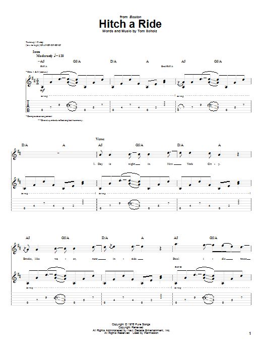 Preview Boston Hitch A Ride Rock sheet music, notes and chords for Guitar Tab, SKU: 62843 sheet music, piano notes, chords, guitar tabs, score, transpose, transcribe, how to play, guide, download, learn, tutorial, progression, song, artist, awards, billboard, mtv, vh1, tour, single, album, release