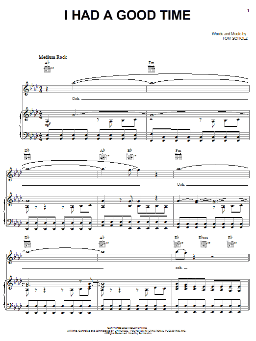 Preview Boston I Had A Good Time Rock sheet music, notes and chords for Piano, Vocal & Guitar (Right-Hand Melody), SKU: 63092 Download Boston I Had A Good Time sheet music and printable PDF score & Rock music notes