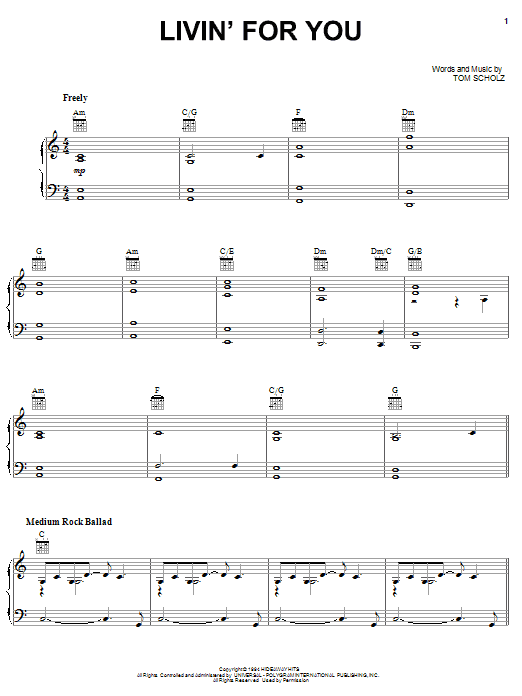 Preview Boston Livin' For You Rock sheet music, notes and chords for Piano, Vocal & Guitar (Right-Hand Melody), SKU: 63089 sheet music, piano notes, chords, guitar tabs, score, transpose, transcribe, how to play, guide, download, learn, tutorial, progression, song, artist, awards, billboard, mtv, vh1, tour, single, album, release
