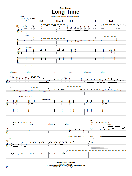 Preview Boston Long Time Rock sheet music, notes and chords for Guitar Tab Play-Along, SKU: 69648 Download Boston Long Time sheet music and printable PDF score & Rock music notes
