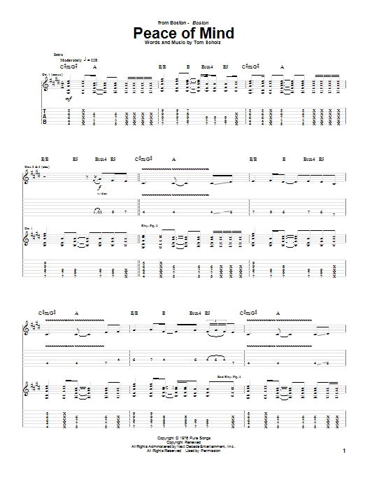 Preview Boston Peace Of Mind Rock sheet music, notes and chords for Guitar Tab Play-Along, SKU: 69653 Download Boston Peace Of Mind sheet music and printable PDF score & Rock music notes