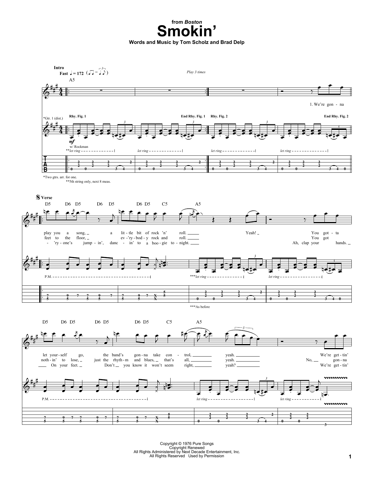Preview Boston Smokin' Rock sheet music, notes and chords for Piano, Vocal & Guitar (Right-Hand Melody), SKU: 63083 Download Boston Smokin' sheet music and printable PDF score & Rock music notes