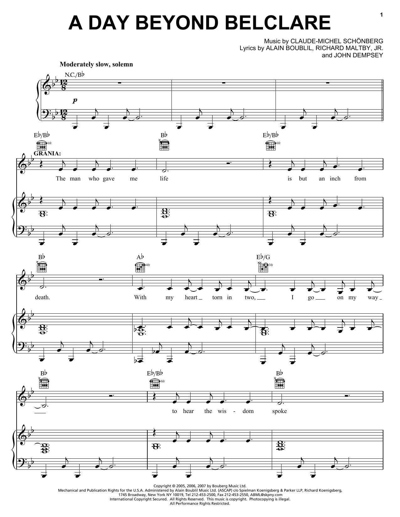 Preview Boublil and Schonberg A Day Beyond Belclare (from The Pirate Queen) Musicals sheet music, notes and chords for Piano, Vocal & Guitar (Right-Hand Melody), SKU: 58965 sheet music, piano notes, chords, guitar tabs, score, transpose, transcribe, how to play, guide, download, learn, tutorial, progression, song, artist, awards, billboard, mtv, vh1, tour, single, album, release