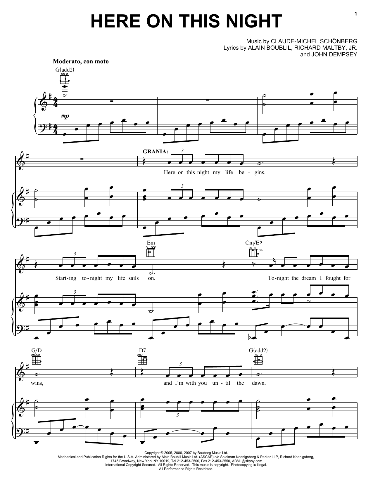 Preview Boublil and Schonberg Here On This Night (from The Pirate Queen) Musicals sheet music, notes and chords for Piano, Vocal & Guitar (Right-Hand Melody), SKU: 58964 sheet music, piano notes, chords, guitar tabs, score, transpose, transcribe, how to play, guide, download, learn, tutorial, progression, song, artist, awards, billboard, mtv, vh1, tour, single, album, release