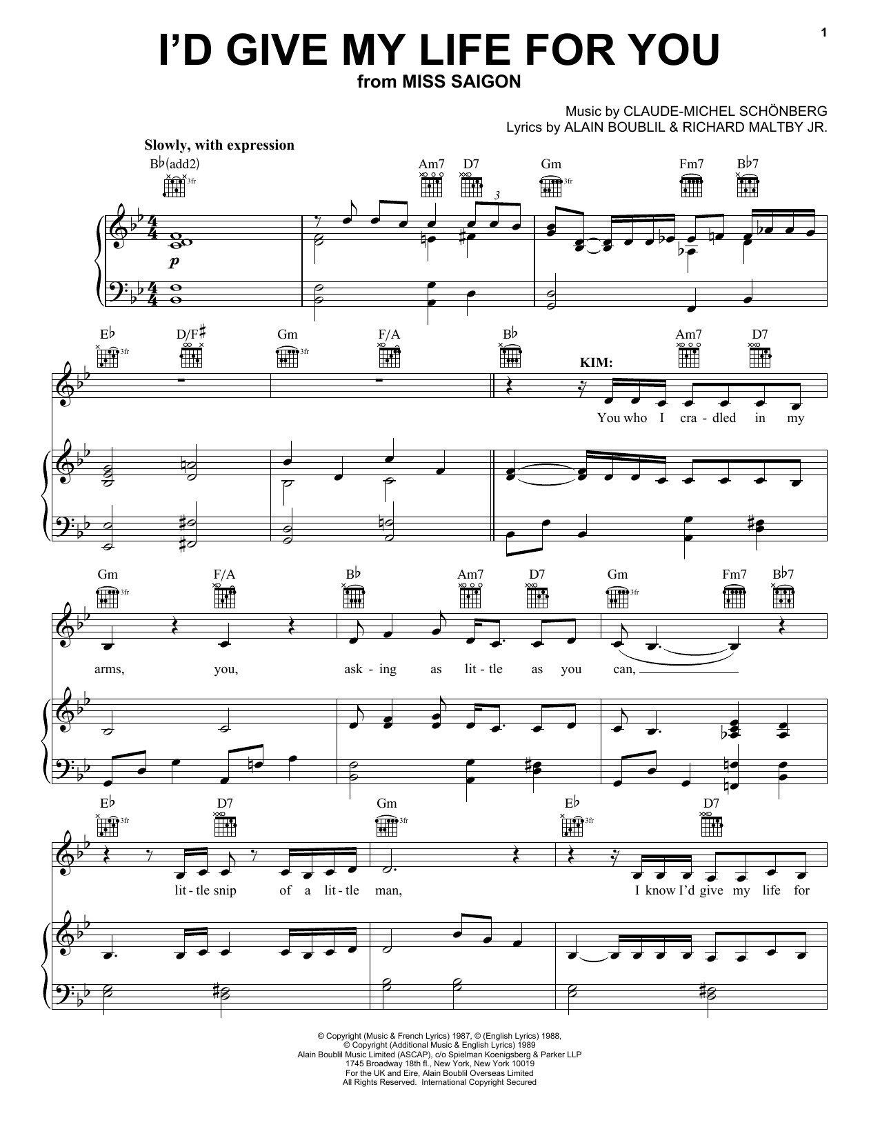 Preview Boublil and Schonberg I'd Give My Life For You (from Miss Saigon) Broadway sheet music, notes and chords for Piano, Vocal & Guitar (Right-Hand Melody), SKU: 51499 sheet music, piano notes, chords, guitar tabs, score, transpose, transcribe, how to play, guide, download, learn, tutorial, progression, song, artist, awards, billboard, mtv, vh1, tour, single, album, release