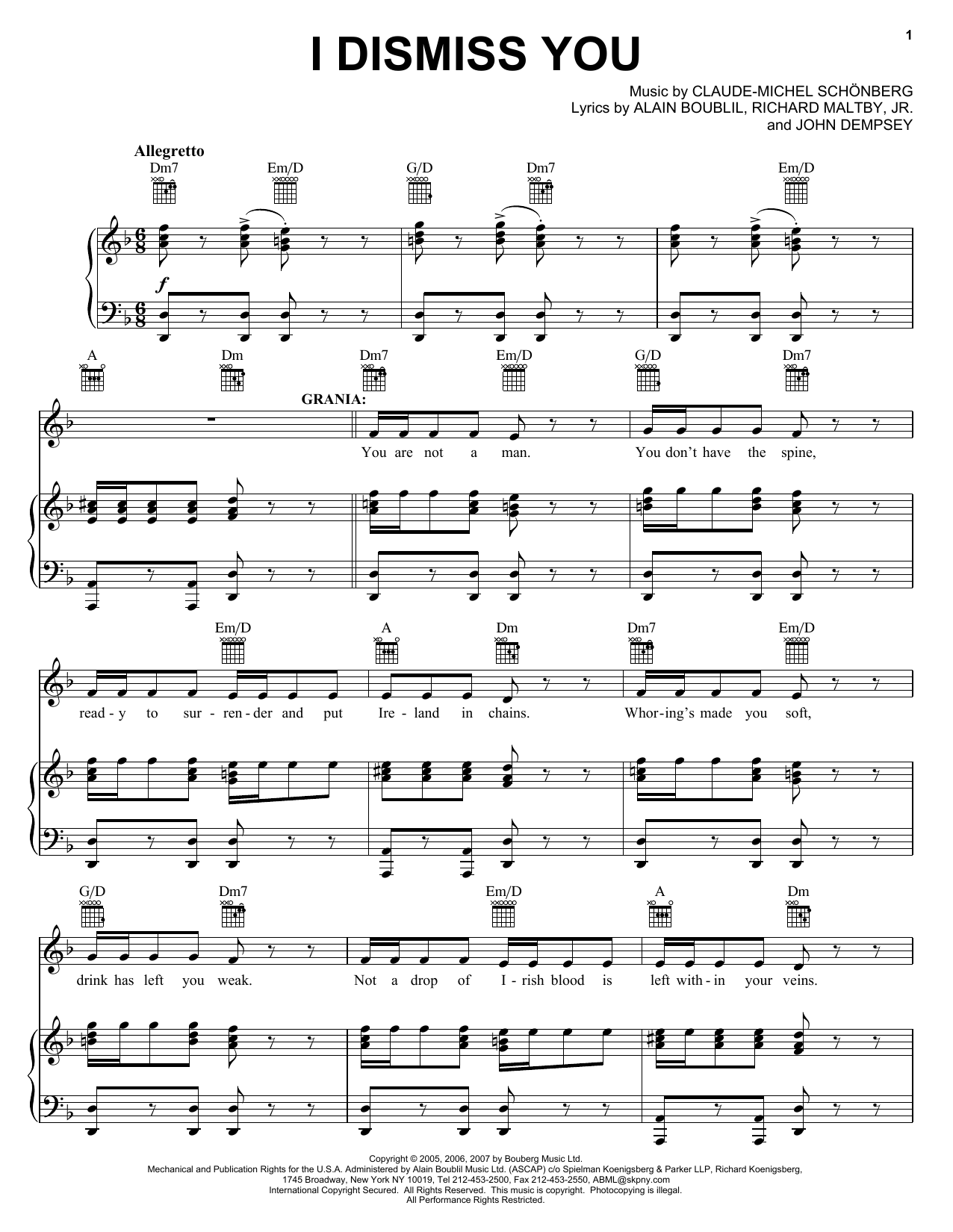Preview Boublil and Schonberg I Dismiss You (from The Pirate Queen) Musicals sheet music, notes and chords for Piano, Vocal & Guitar (Right-Hand Melody), SKU: 58963 sheet music, piano notes, chords, guitar tabs, score, transpose, transcribe, how to play, guide, download, learn, tutorial, progression, song, artist, awards, billboard, mtv, vh1, tour, single, album, release