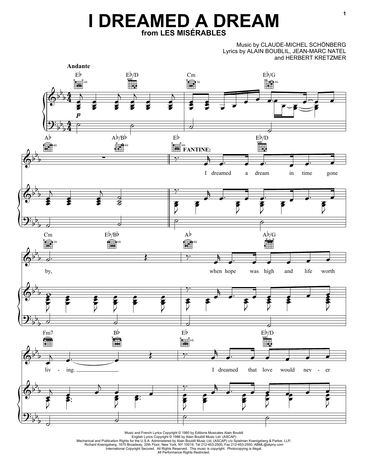 Download Boublil and Schonberg I Dreamed A Dream (from Les Miserables) sheet music and printable PDF score & Musicals music notes