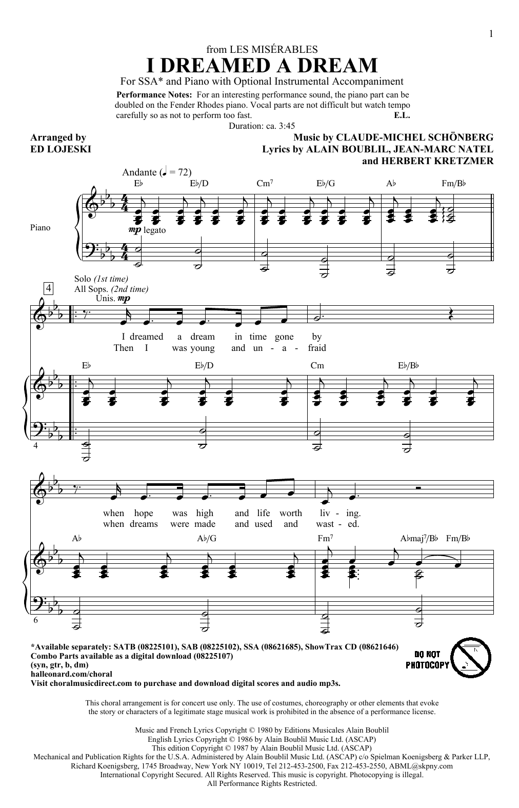 Preview Boublil and Schonberg I Dreamed A Dream (from Les Miserables) (arr. Ed Lojeski) Concert sheet music, notes and chords for SSA, SKU: 70112 Download Boublil and Schonberg I Dreamed A Dream (from Les Miserables) (arr. Ed Lojeski) sheet music and printable PDF score & Concert music notes