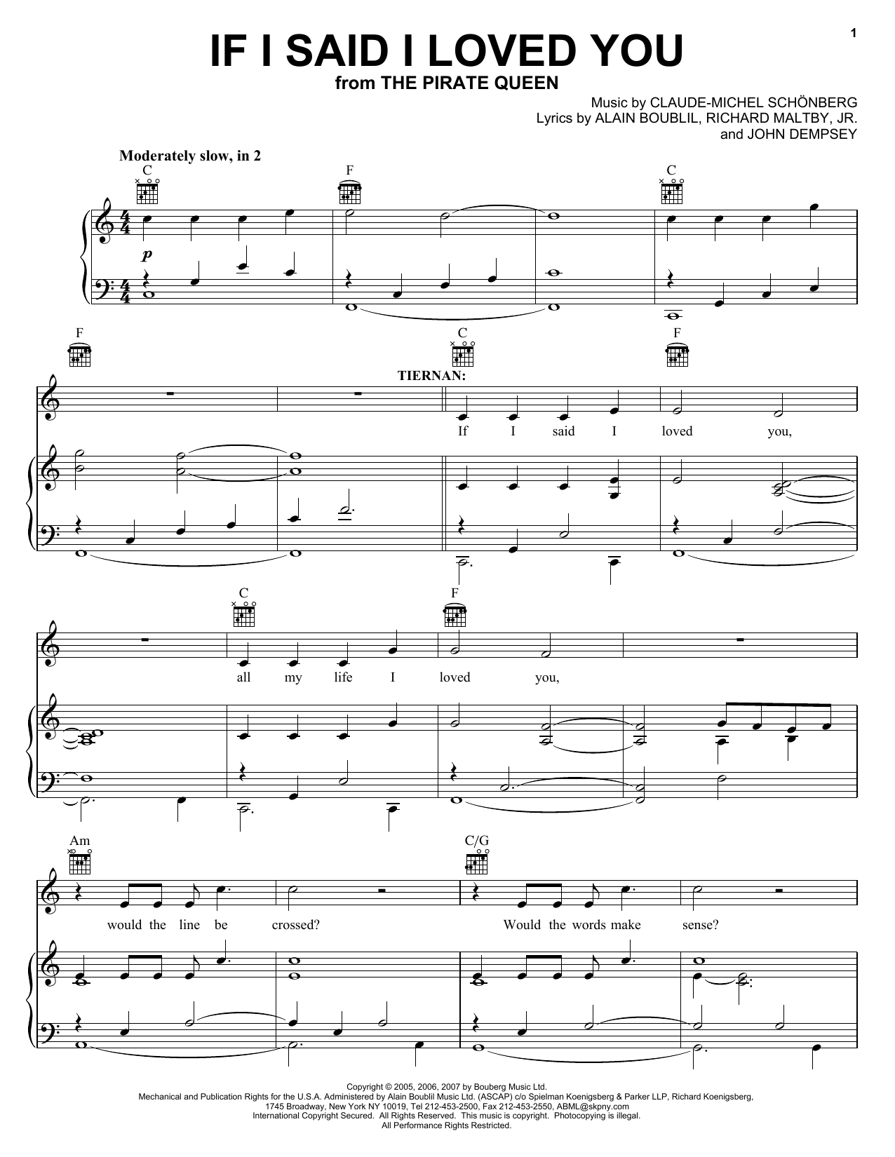 Preview Boublil and Schonberg If I Said I Loved You (from The Pirate Queen) Musicals sheet music, notes and chords for Piano, Vocal & Guitar (Right-Hand Melody), SKU: 58960 sheet music, piano notes, chords, guitar tabs, score, transpose, transcribe, how to play, guide, download, learn, tutorial, progression, song, artist, awards, billboard, mtv, vh1, tour, single, album, release