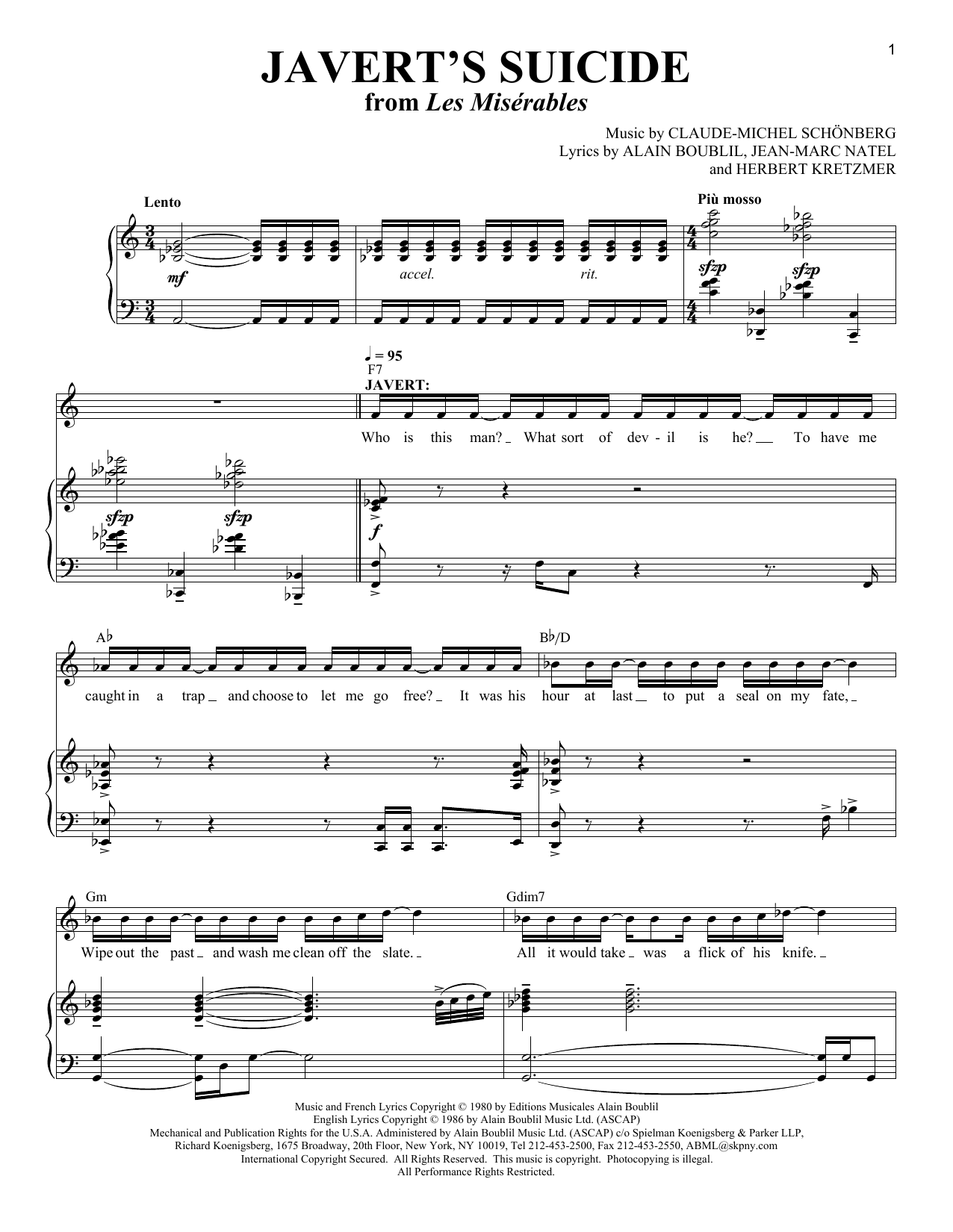 Preview Boublil and Schonberg Javert's Suicide Musicals sheet music, notes and chords for Piano & Vocal, SKU: 63212 Download Boublil and Schonberg Javert's Suicide sheet music and printable PDF score & Musicals music notes