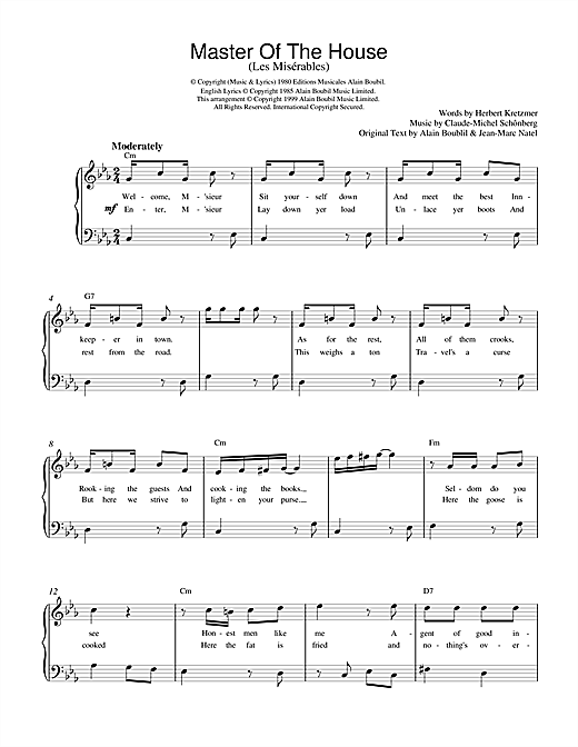 Preview Boublil and Schonberg Master Of The House (from Les Miserables) Musicals sheet music, notes and chords for Easy Piano, SKU: 114714 sheet music, piano notes, chords, guitar tabs, score, transpose, transcribe, how to play, guide, download, learn, tutorial, progression, song, artist, awards, billboard, mtv, vh1, tour, single, album, release