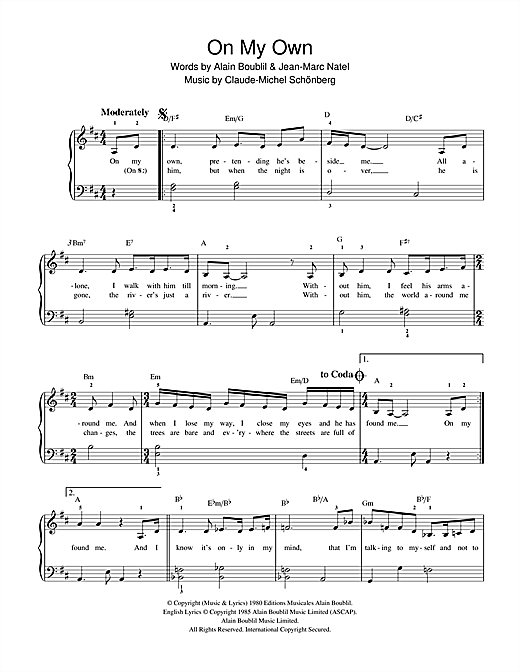 Preview Boublil and Schonberg On My Own (from Les Miserables) Musicals sheet music, notes and chords for Beginner Piano, SKU: 32176 Download Boublil and Schonberg On My Own (from Les Miserables) sheet music and printable PDF score & Musicals music notes