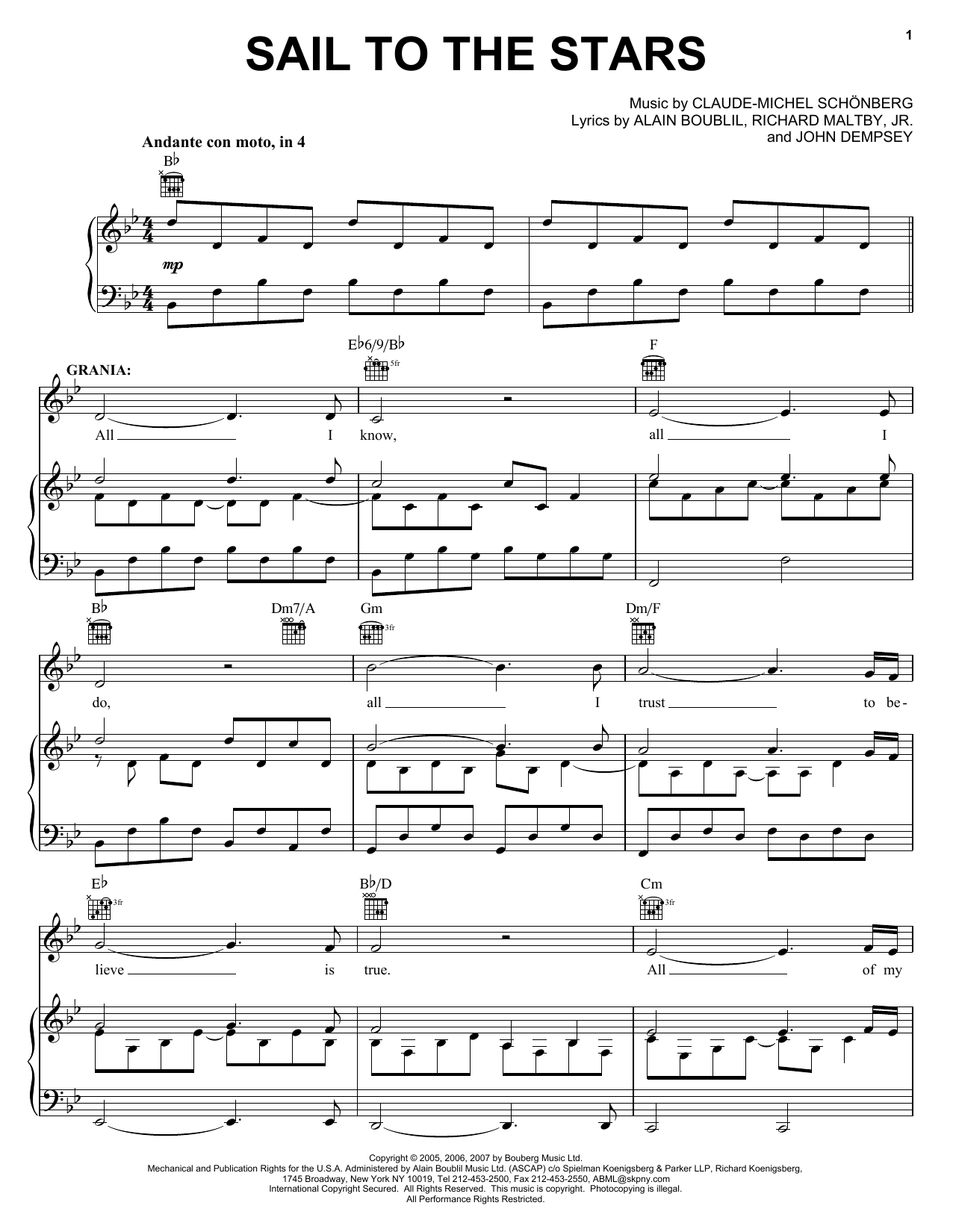 Preview Boublil and Schonberg Sail To The Stars (from The Pirate Queen) Musicals sheet music, notes and chords for Piano, Vocal & Guitar (Right-Hand Melody), SKU: 58959 sheet music, piano notes, chords, guitar tabs, score, transpose, transcribe, how to play, guide, download, learn, tutorial, progression, song, artist, awards, billboard, mtv, vh1, tour, single, album, release