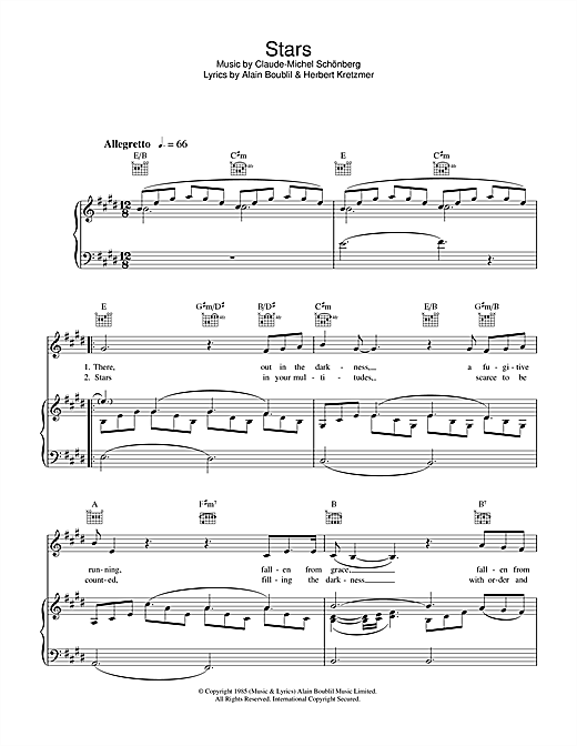 Preview Boublil and Schonberg Stars (from Les Miserables) Musicals sheet music, notes and chords for Piano & Vocal, SKU: 121491 sheet music, piano notes, chords, guitar tabs, score, transpose, transcribe, how to play, guide, download, learn, tutorial, progression, song, artist, awards, billboard, mtv, vh1, tour, single, album, release