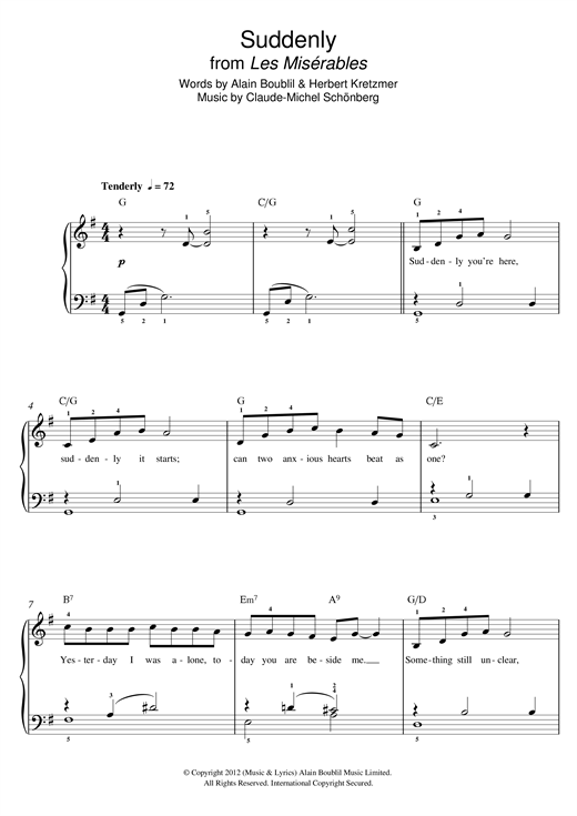 Preview Boublil and Schonberg Suddenly (from Les Miserables The Movie) Musicals sheet music, notes and chords for Piano & Vocal, SKU: 121295 sheet music, piano notes, chords, guitar tabs, score, transpose, transcribe, how to play, guide, download, learn, tutorial, progression, song, artist, awards, billboard, mtv, vh1, tour, single, album, release